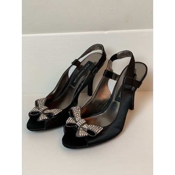 Steve Madden Luxe Black Satin Sling Back Heels Rhinestone Bow Toe US 6.5 - Picture 14 of 15